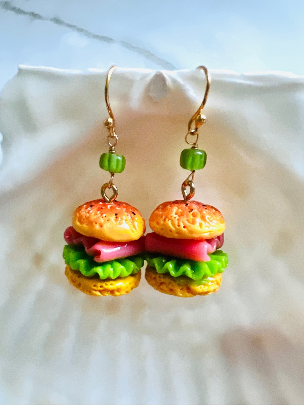 Novelty Burger Dangle Earrings in Green & Gold Tone